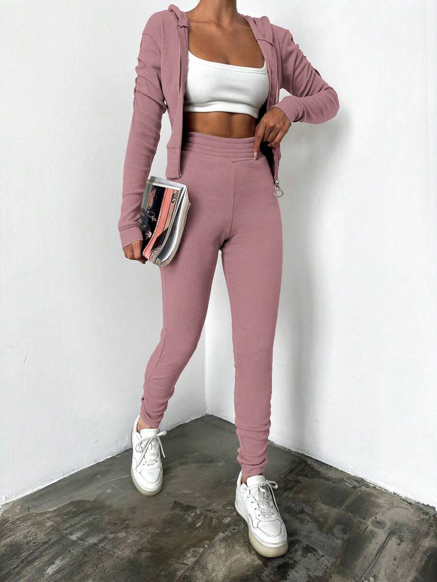 EURMUSE Women's Solid Color Hoodie And Pants Set - Dusty Pink - View 1