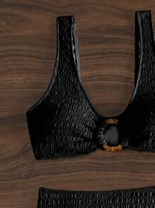 SHEIN Swim Conjunto de bikini para mujer con textura y diseño de enlace circular para playa de verano