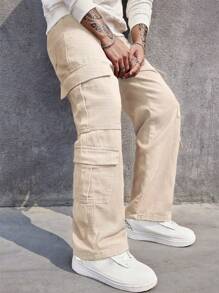 Manfinity Homme Calça Denim Cargo Masculina com Bolso Lateral com Aba