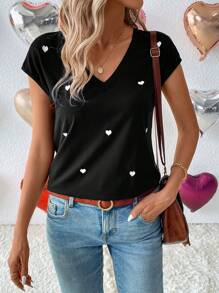 SHEIN LUNE 情人節女士心形刺繡v領t恤