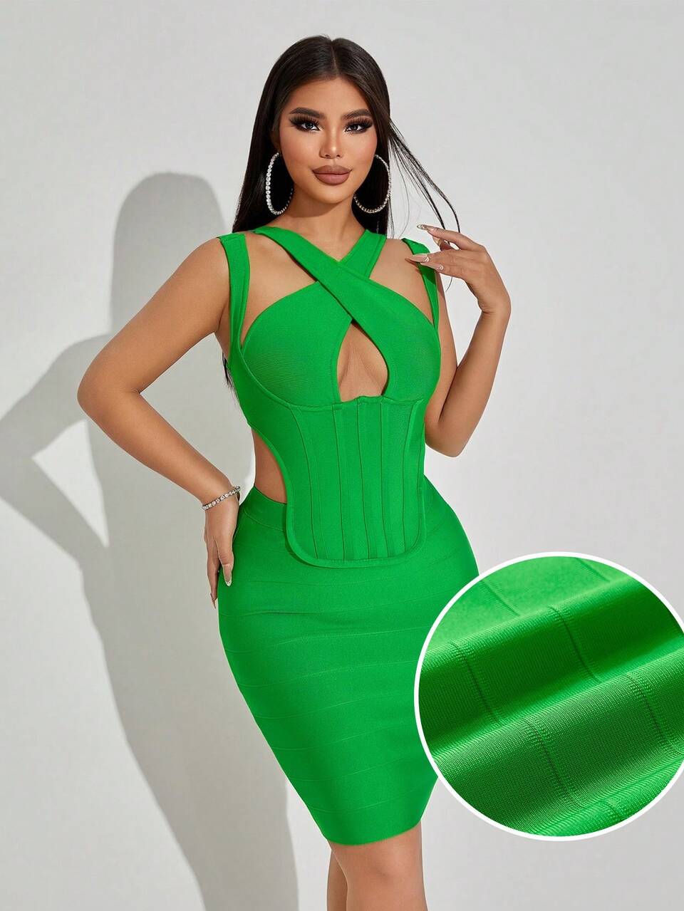 green bandage bodycon dress Fashionable Ladies' Summer Night Out Dress,Winding Texture Elegant Sleeveless Sling Bone Patch High Elastic Hollowed Out｜EMMACLOTH Color:Maroon Stripe
