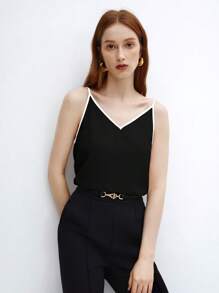 SHEIN BIZwear Women's Simple V-Neck Camisole Top - Black and White - View 6