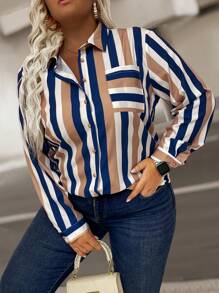 SHEIN LUNE Women's Plus Size Striped Long Sleeve Shirt Fall Cloth For Women - Multicolor - View 1