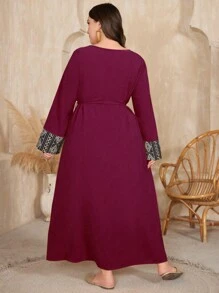 Al Najma Burgundy Red Plus Size Women's Geometric Printed Long Sleeve Dress With Arab-Style Patchwork Kaftan Jalabiya Dress - Burgundy - View 2