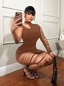 SHEIN SXY Gợi cảm Xu hướng: Cắt giảm Hông Ôm Váy bodycon Đối với Đường phố Mặc - màu nâu - Xem 1