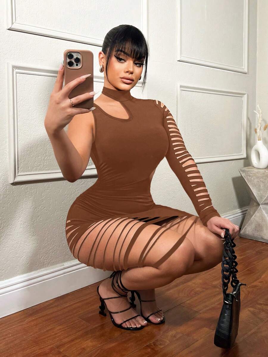 SHEIN SXY Gợi cảm Xu hướng: Cắt giảm Hông Ôm Váy bodycon Đối với Đường phố Mặc - màu nâu - Xem 1