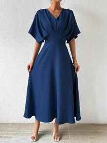 Breezaya V 领褶皱蝙蝠袖连衣裙长款女装 - 深色水洗藍 - 查看 5