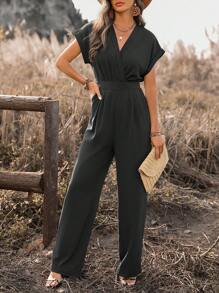 SHEIN LUNE 女士實色蝙蝠袖連體褲,附腰帶束身裝飾 - 黑色 - 查看 3