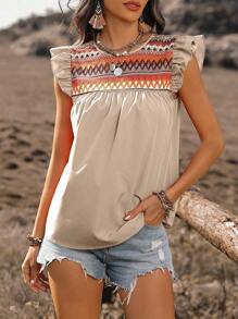 EMERY ROSE Women's Geometric Printed Round Neck Cap Sleeve Blouse Tops - Apricot - View 5