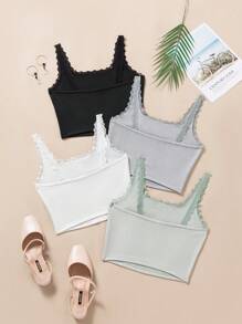 Lunelith SHEIN Lunessa Top canottiera semplice con bottoni e profili in pizzo per signora, adatto per l"abbinamento in primavera ed estate