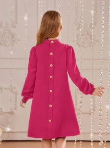SHEIN Vestido para niñas preadolescentes con mangas largas estilo retro, cuello tejido con soporte, botones decorativos en la parte de atrás y línea A