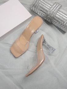 Fashionable Women's Transparent Crystal Chunky High-Heeled Sandals With Open Toe, Square Toe, Apricot Colored Strap, Design, Sexy, Elegant And Beautiful, Suitable For Single's Parties, Weddings And Banquets In Summer - Clear - View 4