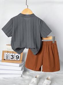 SHEIN Young Boy Solid Color Stand-Collar Short Sleeve Shirt And Shorts Set - Multicolor - View 2