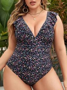 Swim Lushoire Summer Beach Plus Size Women's One-Piece Swimsuit With Floral Print And Ruffle Design, Bathing Suit Beach Outfit Vacay Vibe - Black - View 1