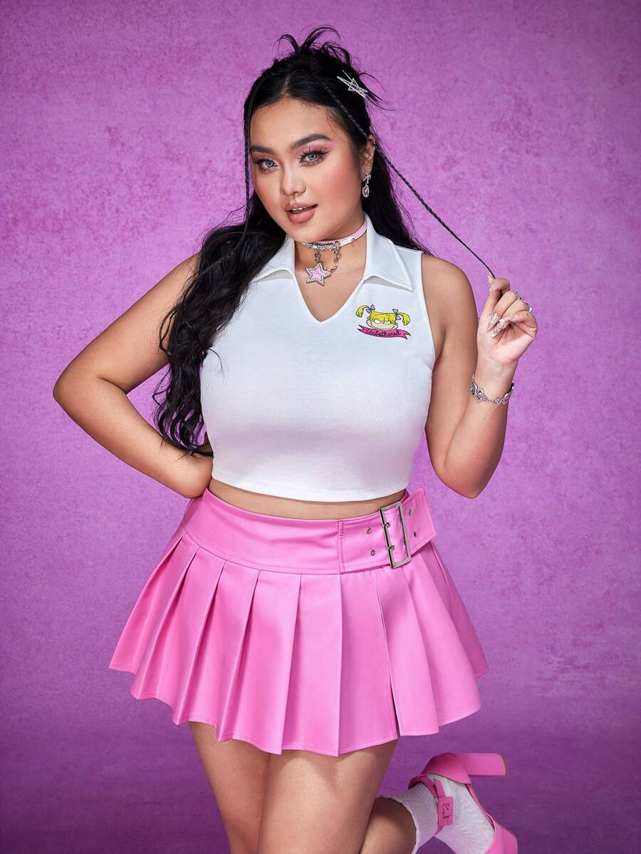 Nick 90s | SHEIN Plus Cartoon Figure And Letter Graphic V-Collar Crop Tank Lapel White Tight Top - White - View 1