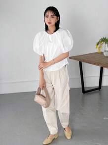 FRIFUL Women's Simple White Short Sleeve Round Neck T-Shirt - White - View 2