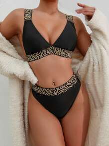 SHEIN Swim Conjunto de bikini de dos piezas con estampado de cebra para mujer, playa de verano