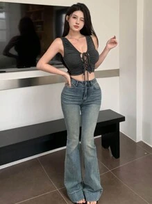 DAZY Camiseta de tirantes con cuello en V y pliegues, top sexy para mujer