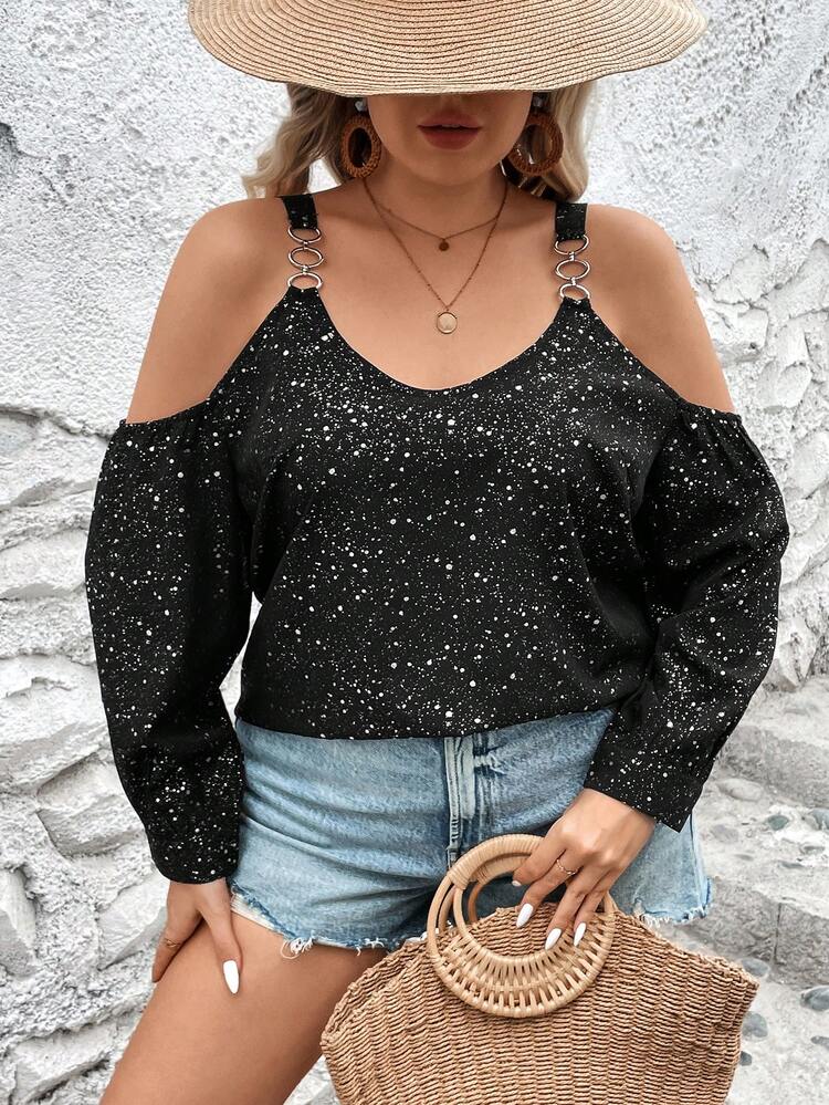 Plus Size Cold Shoulder Polka Dot Printed Blouse Fall Cloth For Women
