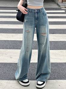 DAZY 女性休閒y2k撕裂牛仔褲 - 藍色 - 查看 1