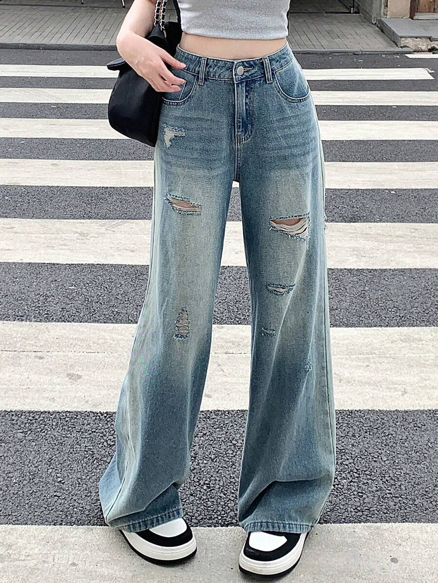 DAZY 女性休閒y2k撕裂牛仔褲 - 藍色 - 查看 1