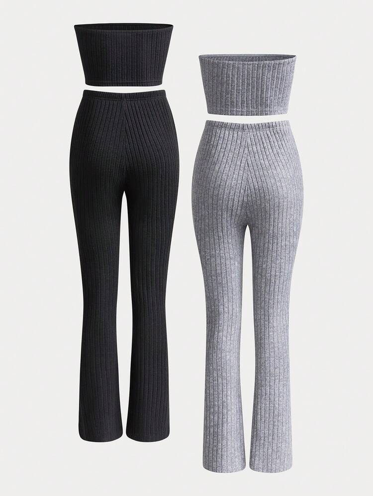 Women's Solid Color Ribbed Strapless Top And Flared Pants Two-Piece Set