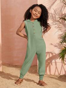 SHEIN Young Girl Casual Sleeveless Jumpsuit With Hood For Spring And Summer