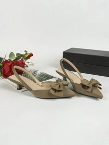 卡其色尖头蝴蝶结装饰舒适女士一脚蹬平底鞋，时尚日常穿着 - 卡其色 - 查看 5