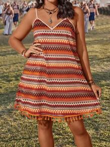 SHEIN VCAY 加大尺碼假期彩色圖形印花帶流蘇鉤花連身裙 - 彩色 - 查看 1