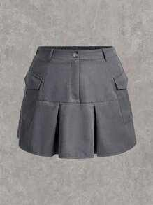 SHEIN EZwear Kích thước lớn Của phụ nữ Màu thuần Cargo Chân Váy xếp ly - Xám - Xem 1