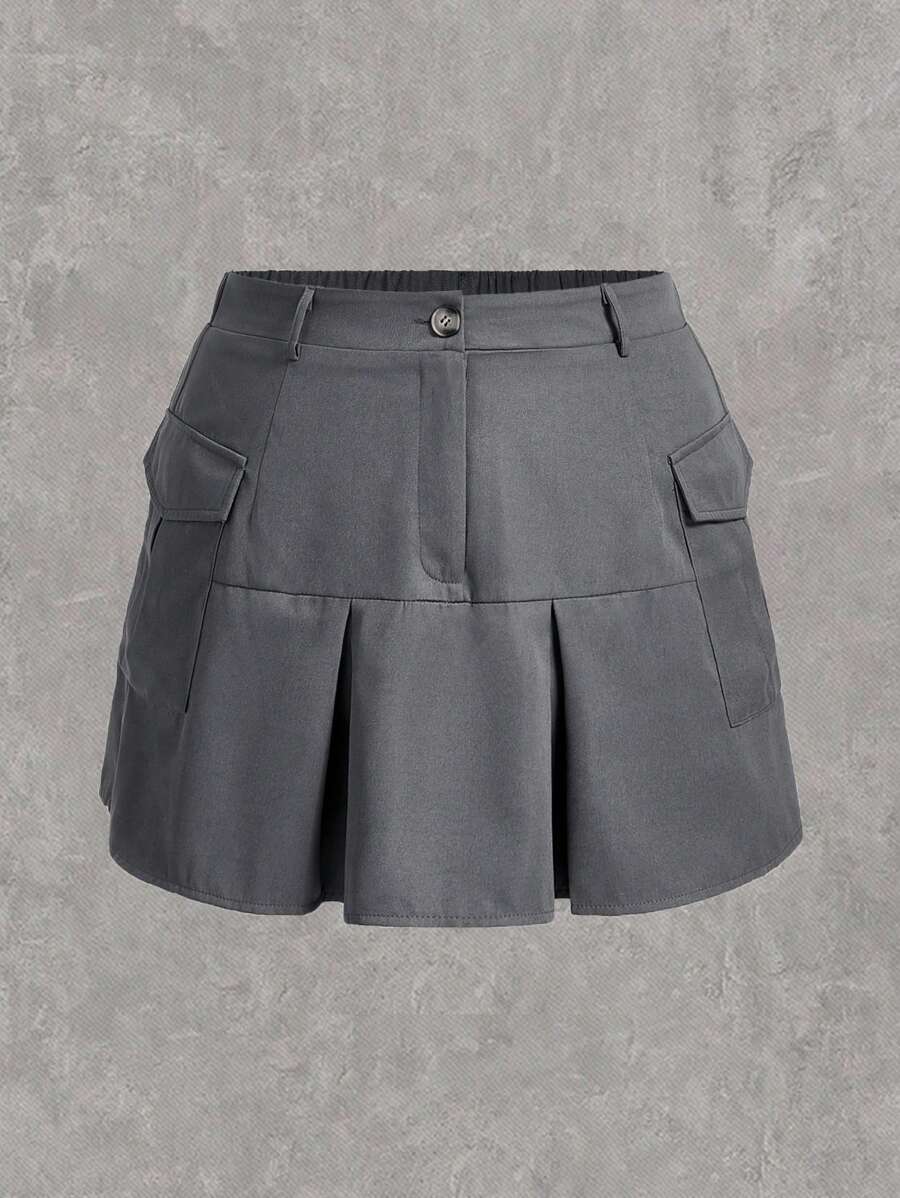 SHEIN EZwear Kích thước lớn Của phụ nữ Màu thuần Cargo Chân Váy xếp ly - Xám - Xem 1