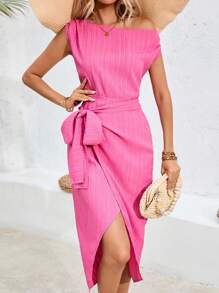 SHEIN VCAY 女式純色不對稱領帶裙 - 玫紅色 - 查看 1