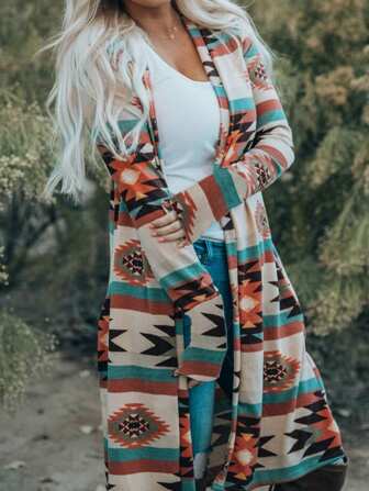 New Fashionable Casual Retro Geometric Print Personalized Long Jacket