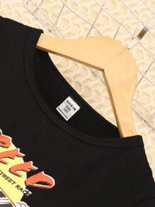 SHEIN Tween Girl Car & Letter Graphic Tee & Camo Print Pants - Black - View 3