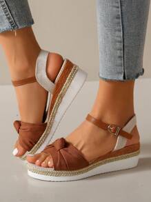 Sandali con zeppa da donna, stile moda estiva da spiaggia e resort, sandali da vestire versatili con punta aperta, colore bianco, con cinturino e zeppa platform alta per feste e occasioni - Castano - Visualizzare 2