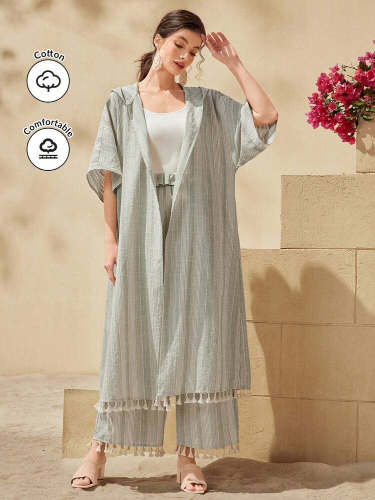 Hooded Fringed Hem Open Front Coat And Straight Pants Two Pieces Set 2 Pieces Set