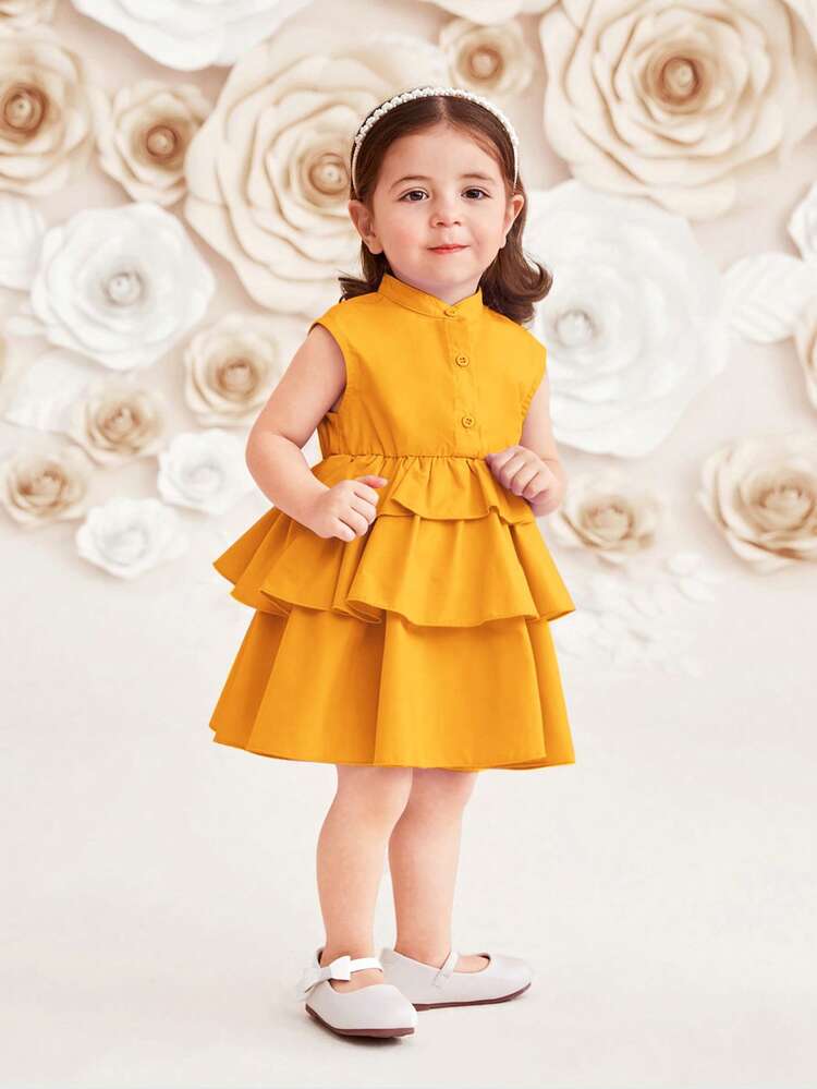 Baby Girl Casual Solid Color Short Sleeveless Cake Dress With Stand Collar And Waistline
