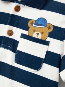 Cozy Pixies 嬰兒男寶寶卡通熊紋短袖圓領上衣和短褲四件套裝配對套裝 - 藍色 - 查看 13