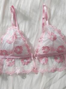 SHEIN Flower Embroidery Strappy Sexy Lingerie Set - Pink - View 4