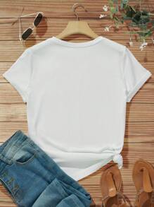 SHEIN LUNE 1pc Women Slim Fit Casual Figure Printed Round Neck Short Sleeve T-Shirt, Suitable For Summer, Family Matching