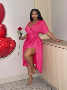 Slaydiva 性感情人節大尺碼女裝分割式v領洋裝 - 玫紅色 - 查看 3