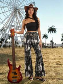 SHEIN Essnce 音乐节黑灰色扎染高腰休闲喇叭长裤 - 黑色 - 查看 4