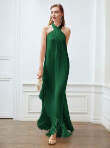 MOTF X Nour PREMIUM SOLID FRINGE HEM CRISSCROSS HALTER DRESS - Green - View 3