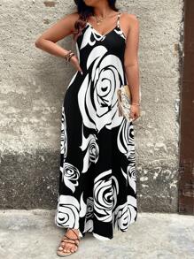 EMERY ROSE Plus Size Women's Fashionable White Rose Patterned Strappy Dress Maxi Women Outfit - Black and White - View 5