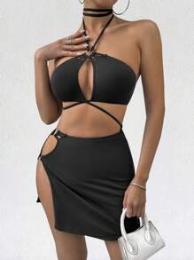 Zolique Vestido Hueco Para Mujeres Con Cuello Halter Y Cinturón - Negro - Ver 1