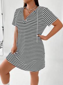 Flirla Striped Ribbed Dress For Plus Size Women - Dark Grey - View 3
