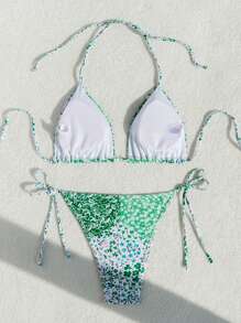 SHEIN Swim Floral Patchwork Halter Neck Two-Piece Bikini Set Summer Beach - Multicolor - View 5