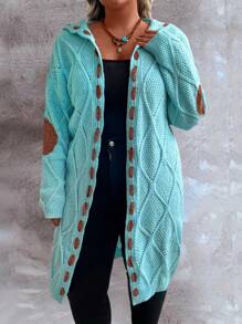 EMERY ROSE Plus Size Hollow Out Knitted Hooded Cardigan - Blue - View 3