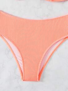 SHEIN Swim 纯色罗纹女士泳衣套装，比基尼套装海滩比基尼套装泳衣夏季，夏季海滩 - 珊瑚橙 - 查看 4