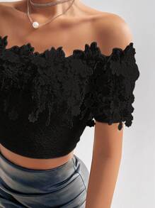 SHEIN Privé Của phụ nữ Ren Off Shoulder Viền tua Áo - màu đen - Xem 3